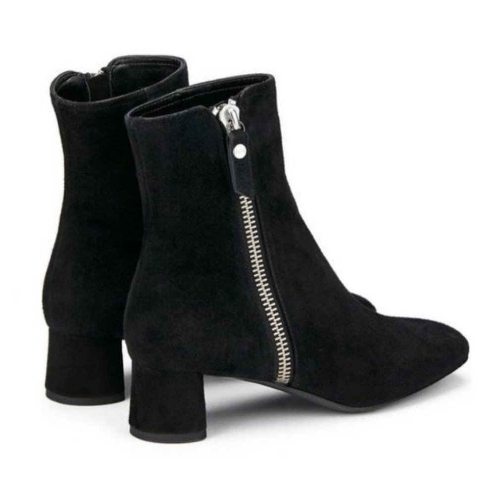 AGL Black Suede Bootie Exposed Silver Side Zipper Chunky Block Heel NWT 36.5 - Picture 2 of 7